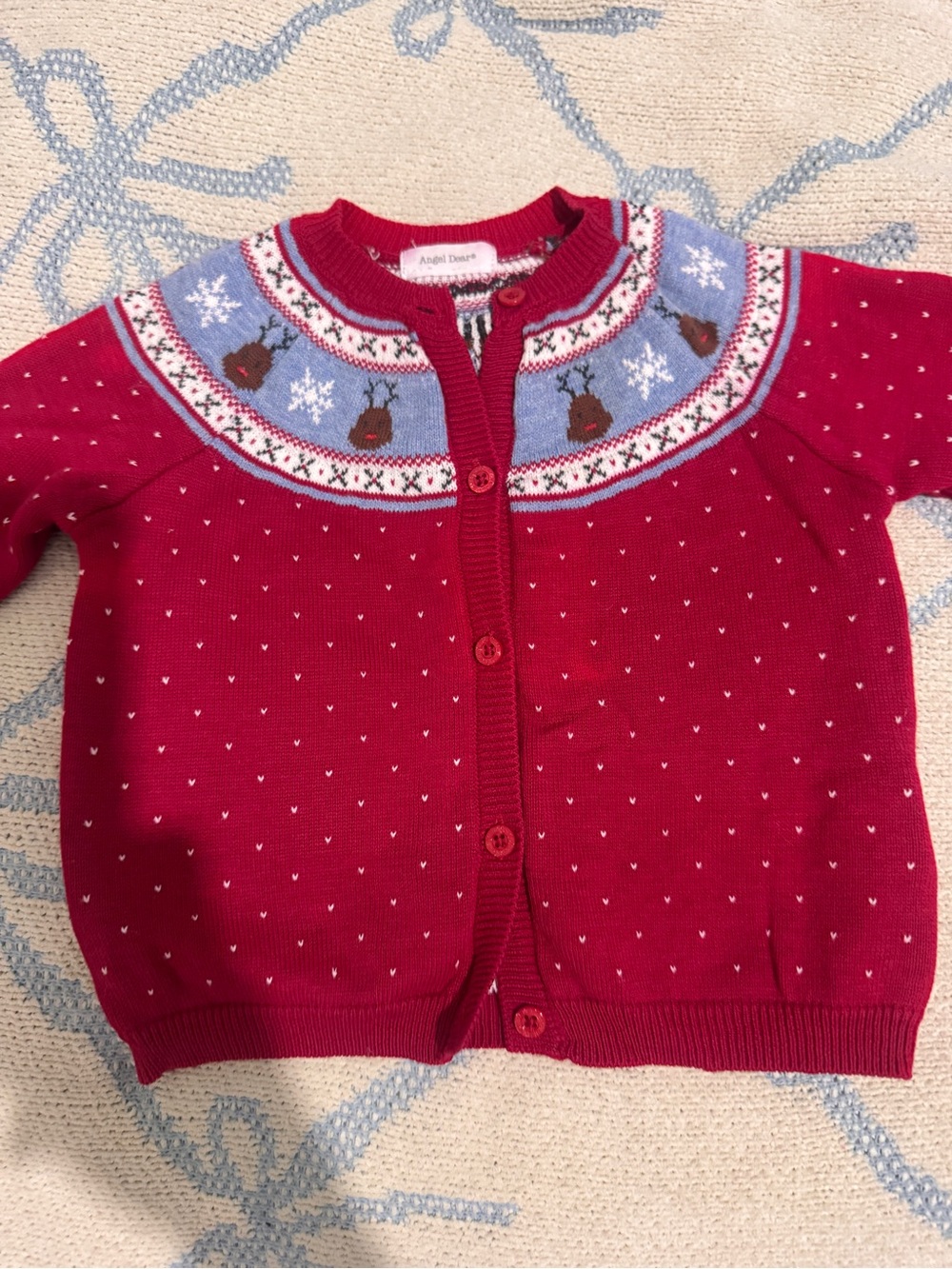 Angel Dear Red Knit Cardigan with Blue Fair Isle Yoke